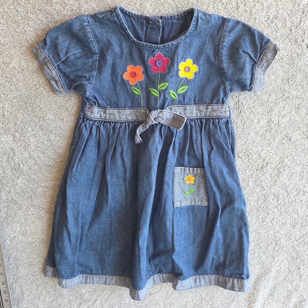 Buster Brown Girls Blue Denim Floral Embroidered Short Sleeve Dress Size 5